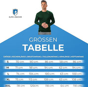 Größentabelle für das Merino Langarmshirt Herren 230 g/m2 von Alpin Loacker, inklusive Rücken-, Brust-, Taillen-, Arm- und Hüftmaße in fünf Größen (S-XXL) in cm.