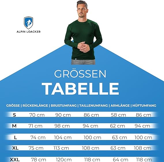 Größentabelle für das Merino Langarmshirt Herren 230 g/m2 von Alpin Loacker, inklusive Rücken-, Brust-, Taillen-, Arm- und Hüftmaße in fünf Größen (S-XXL) in cm.