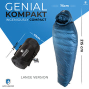 Alpin Loacker Down Pro 3 Jahreszeiten Schlafsack, 860g, kompakt verpackt 28x17cm, entfaltet 215x75cm, wasserabweisend, ideal für Trekking und Camping bei kühleren Temperaturen.