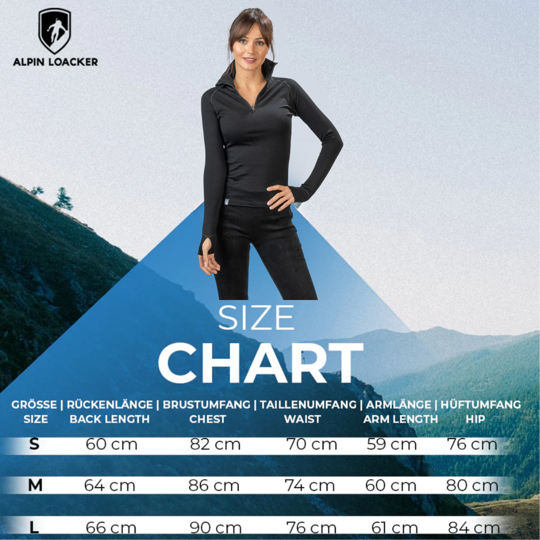 Modell trägt Merino Langarmshirt mit Zip Damen 230g/m², vor Bergkulisse. Größe S, M, L im Größenchart unten. Ideal für Outdoor-Aktivitäten.