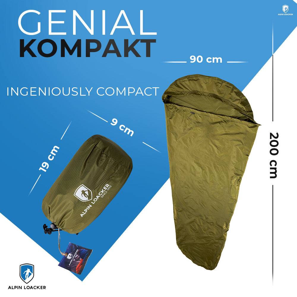 Bivi PRO - leichter Biwaksack: Schlafsackliner entfaltet (200x90 cm) neben kompakt verpacktem Packsack (19x9 cm). Ideal für Outdoor-Abenteuer.