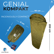 Bivi PRO - leichter Biwaksack: Schlafsackliner entfaltet (200x90 cm) neben kompakt verpacktem Packsack (19x9 cm). Ideal für Outdoor-Abenteuer.