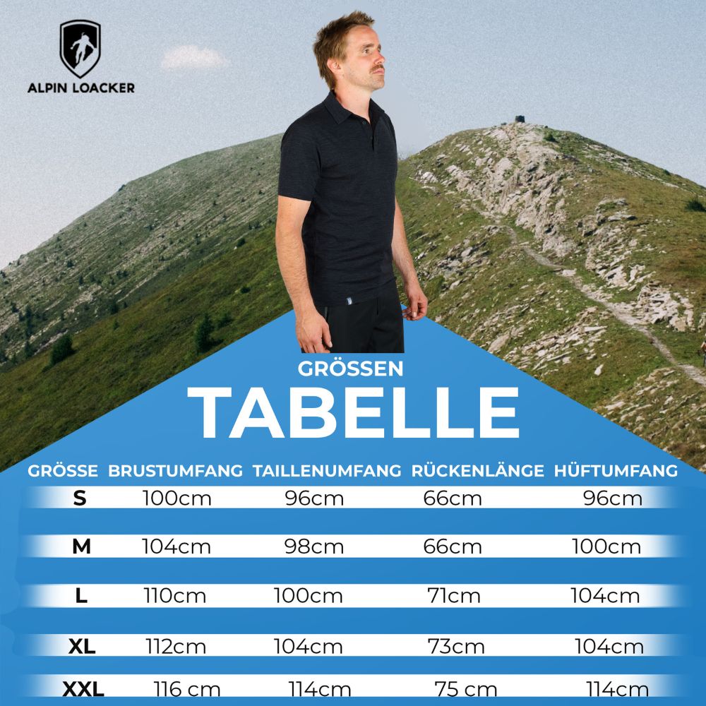 Größentabelle für das Merino Polo Shirt Herren von Alpin Loacker, mit Größen S-XXL und entsprechenden Maßen für Brust, Taille, Rücken und Hüfte.
