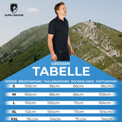 Größentabelle für das Merino Polo Shirt Herren von Alpin Loacker, mit Größen S-XXL und entsprechenden Maßen für Brust, Taille, Rücken und Hüfte.