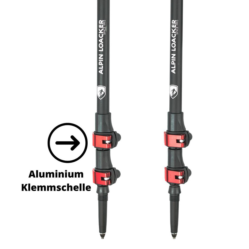 Ersatzteile Alpin Loacker Teleskopstöcke mit verstellbaren Schäften und roten Aluminium Klemmschellen für Längenanpassung, ideal zur Reparatur oder Verbesserung Ihrer Wanderstöcke.