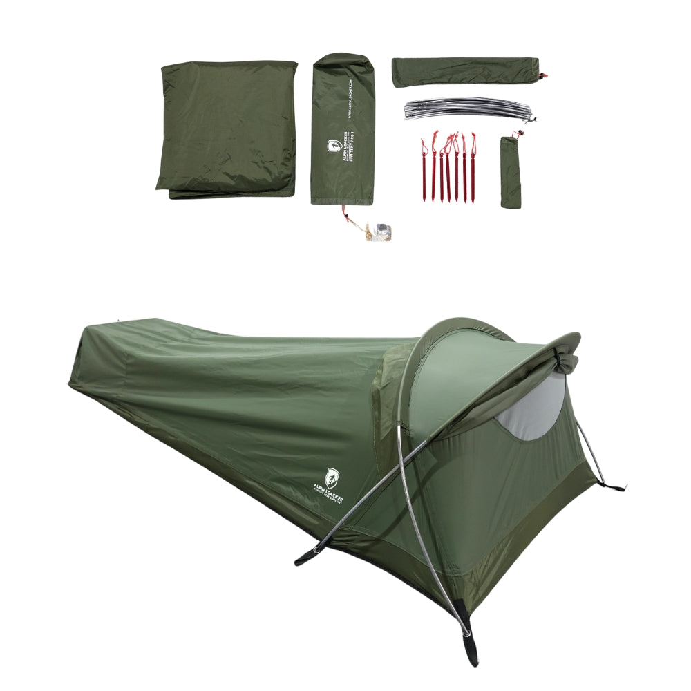 Ultraleichtes Bivy Zelt 965g: Ein-Personen-Tunnelzelt mit aufgebautem Regenschutz, zusammengelegten Stangen, Heringen und Zubehör – ideal für Solo-Abenteuer.