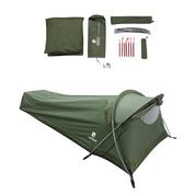 Ultraleichtes Bivy Zelt 965g: Ein-Personen-Tunnelzelt mit aufgebautem Regenschutz, zusammengelegten Stangen, Heringen und Zubehör – ideal für Solo-Abenteuer.