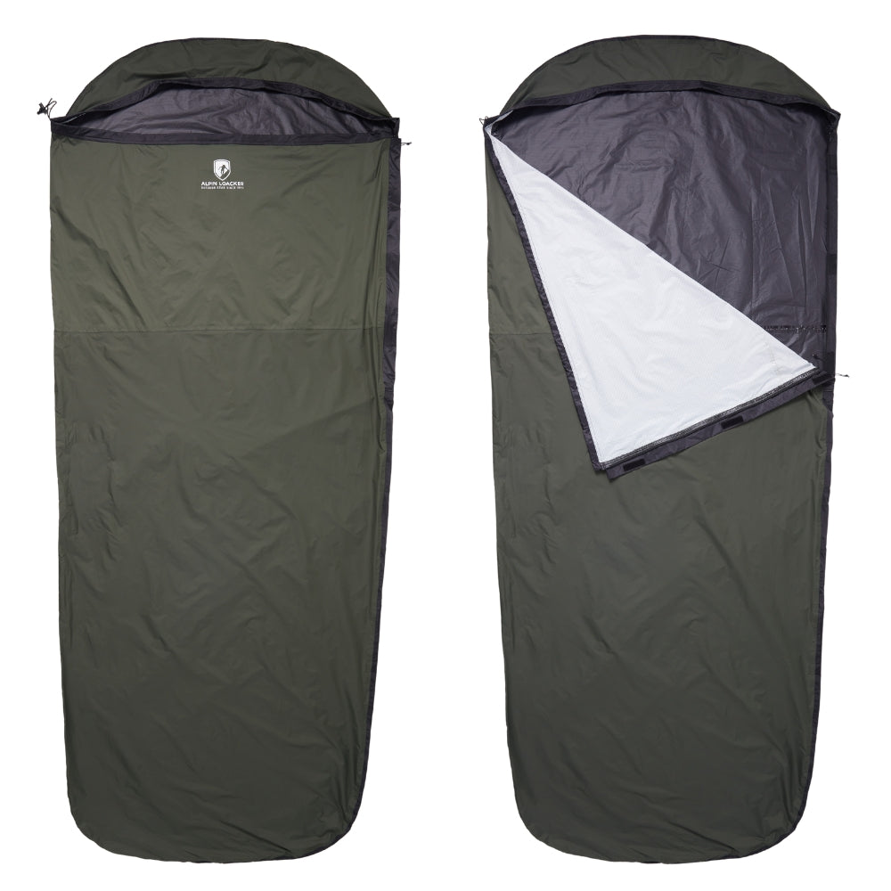 Biwaksack mit Membrane - NEU: Olivgrüner, mummy-style Bivy Sack, geschlossen und geöffnet, zeigt das helle Innenfutter. Ideal für Wetterschutz beim Campen.