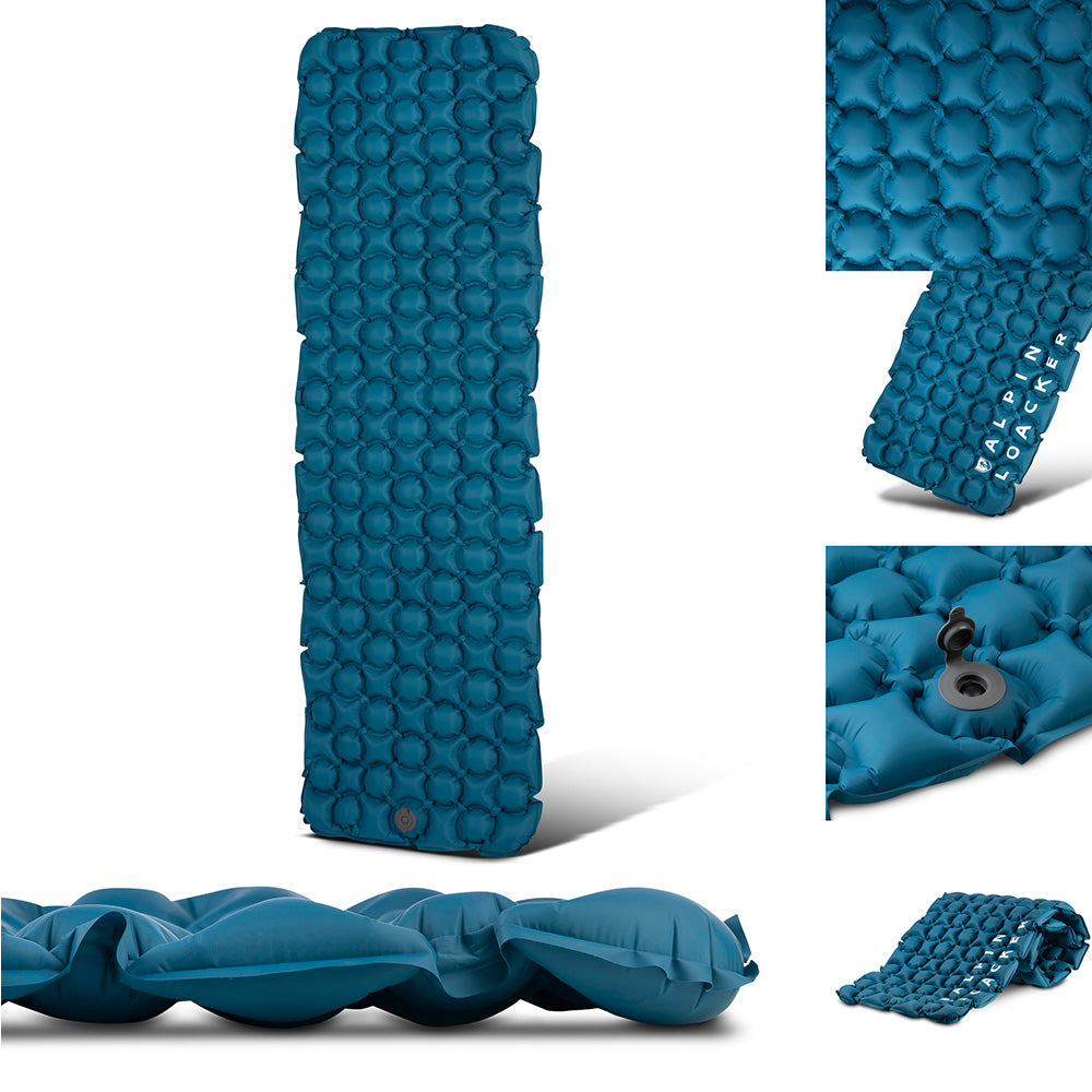 Ultra leichte Isomatte Air Light mit wabenförmigen Luftkammern, großem Mundventil, aus 100% recyceltem 20D RipStop Nylon, kompakt, ideal für Outdoor-Abenteuer.