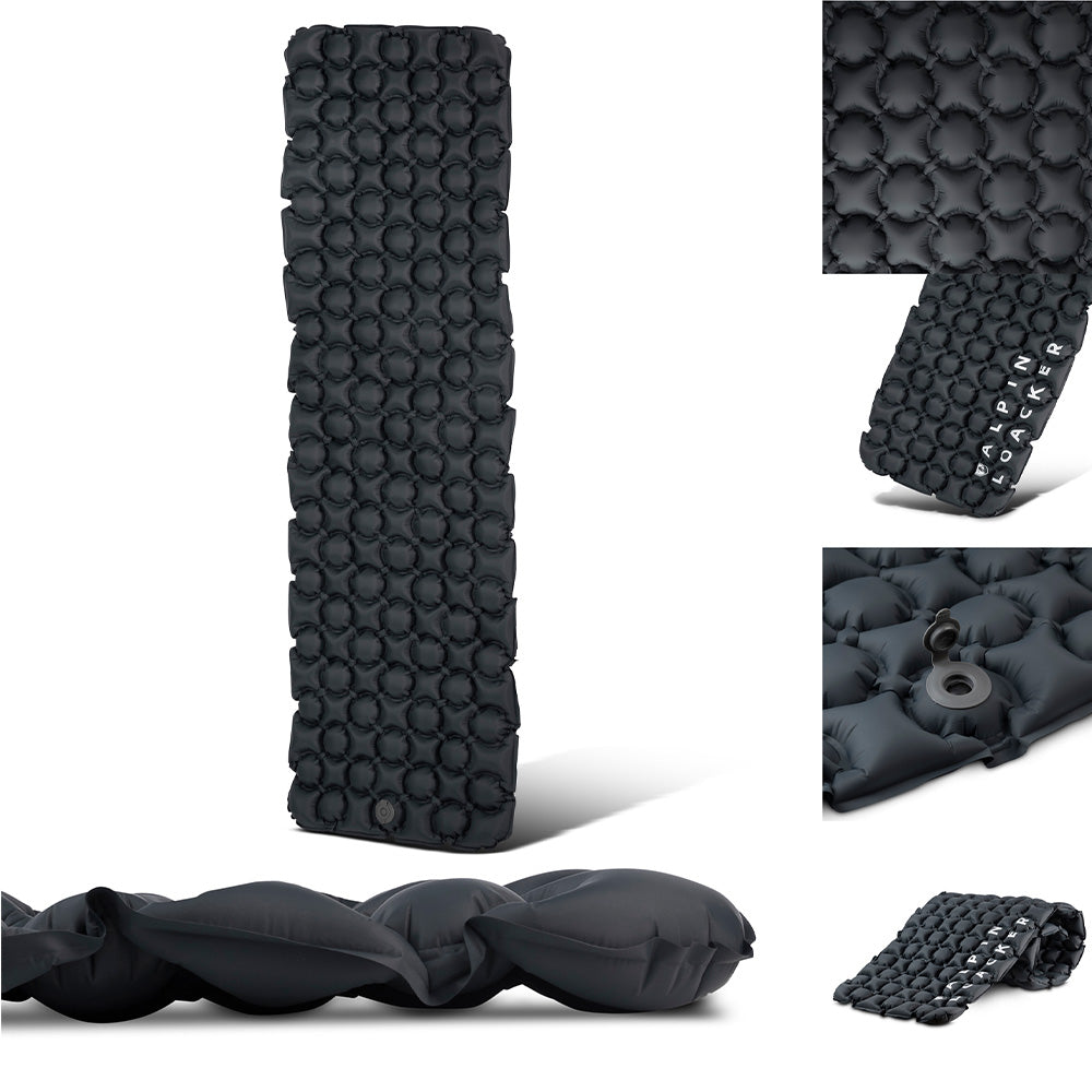 Ultraleichte Isomatte Air Light: Campingmatte mit wabenförmigen Luftkammern, stabilem Inflation-Ventil und kompakt gerollt für einfachen Transport, ideal für Outdoor-Abenteuer.