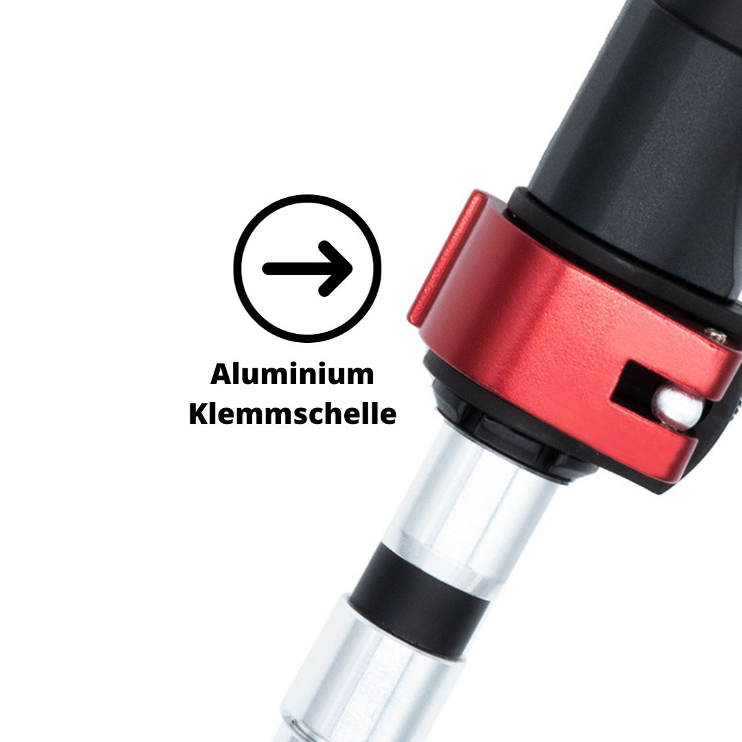 Ersatzteile Alpin Loacker Faltstöcke: Nahaufnahme einer roten Aluminium Klemmschelle auf silbernem Teleskoprohr, mit schwarzem Plastik am Gelenk, ideal für Wanderstock-Reparaturen.