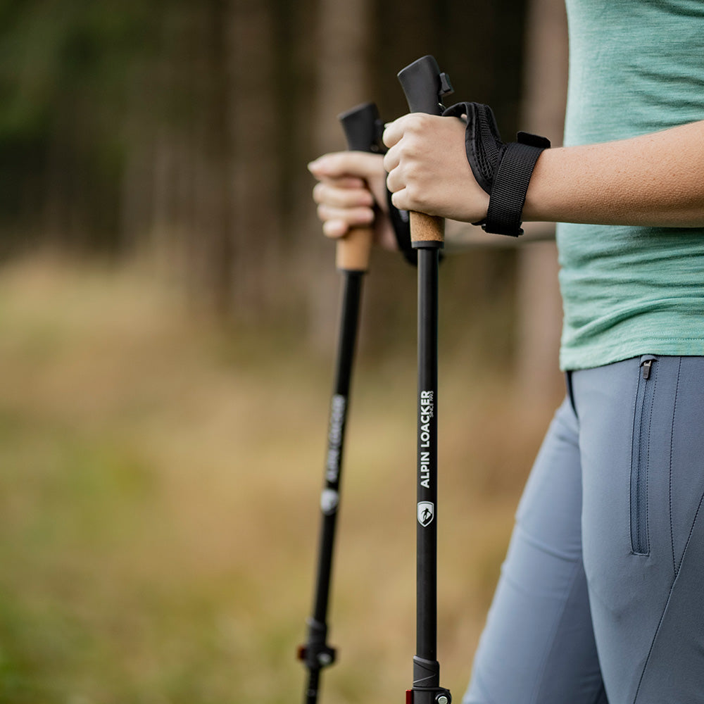 Person hält Teleskop Nordic Walking Stöcke aus Aluminium mit Korkgriffen von Alpin Loacker auf einem Waldweg.