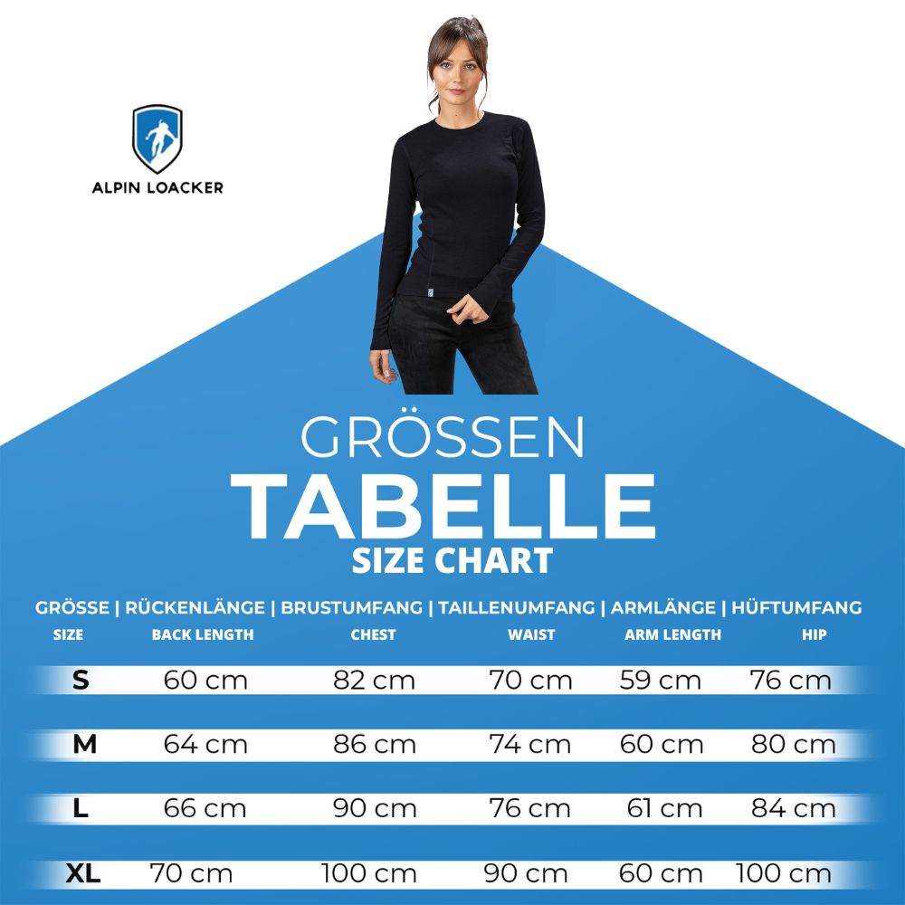 Größentabelle für Alpin Loacker Merino Langarm Shirt Damen, mit Maße S-XL, Modell in schwarzem Langarmshirt, aus 100% Merinowolle für Outdoor-Aktivitäten.