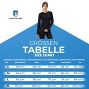 Größentabelle für Alpin Loacker Merino Langarm Shirt Damen, mit Maße S-XL, Modell in schwarzem Langarmshirt, aus 100% Merinowolle für Outdoor-Aktivitäten.