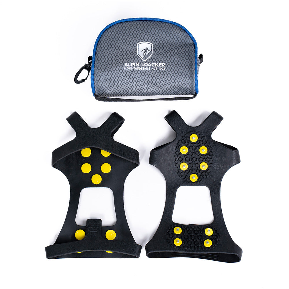 Set von schwarzen Spikes für Schuhe mit gelben Metallstiften, inklusive grauer Tragetasche von Alpin Loacker für sicheren Halt auf Eis und Schnee.