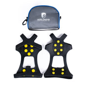 Set von schwarzen Spikes für Schuhe mit gelben Metallstiften, inklusive grauer Tragetasche von Alpin Loacker für sicheren Halt auf Eis und Schnee.