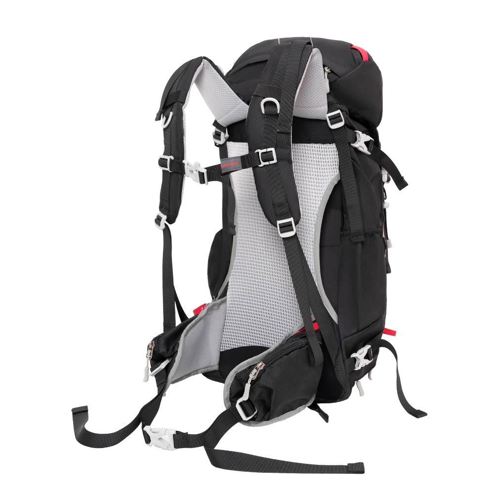 35 Liter Wanderrucksack Herren & Damen, zeigt gepolsterte Schultergurte, verstellbaren Hüftgurt mit Taschen, Mesh-Rückenpanel, Kompressionsriemen, ideal für Outdoor-Abenteuer, passend für Tages- und Mehrtagestouren.