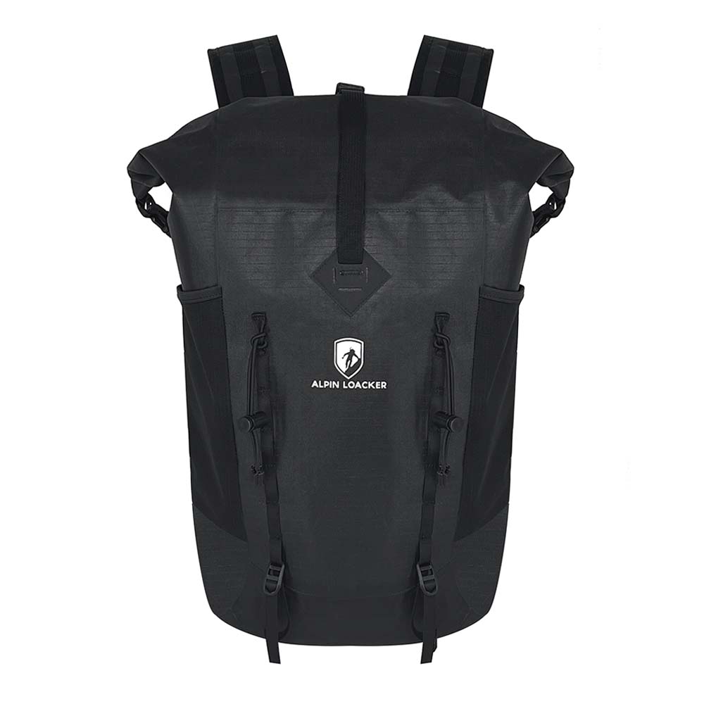 Leichter Rucksack wasserdicht: Schwarzer Alpin Loacker Rolltop-Rucksack, gepolsterte Träger, Seitentaschen, Frontriemen, ideal für Outdoor-Abenteuer, 25 Liter, robust, wasserdicht.