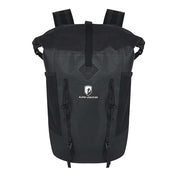 Leichter Rucksack wasserdicht: Schwarzer Alpin Loacker Rolltop-Rucksack, gepolsterte Träger, Seitentaschen, Frontriemen, ideal für Outdoor-Abenteuer, 25 Liter, robust, wasserdicht.