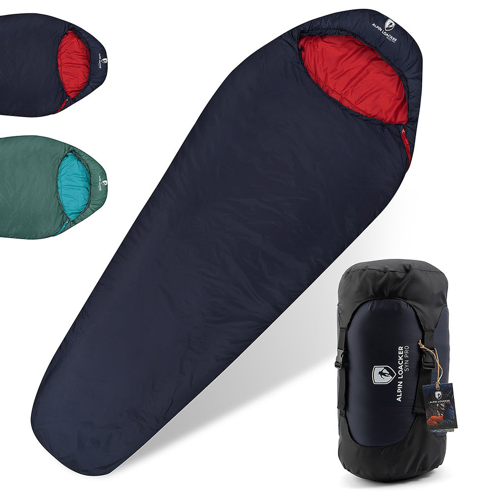 SYN PRO - Synthetik Sommer Schlafsack ultraleicht: Dunkelblau mit rotem Futter, inkl. Kompressionssack, ideal für Outdoor-Abenteuer; auch in Grün/Türkis erhältlich.