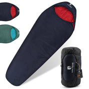 SYN PRO - Synthetik Sommer Schlafsack ultraleicht: Dunkelblau mit rotem Futter, inkl. Kompressionssack, ideal für Outdoor-Abenteuer; auch in Grün/Türkis erhältlich.