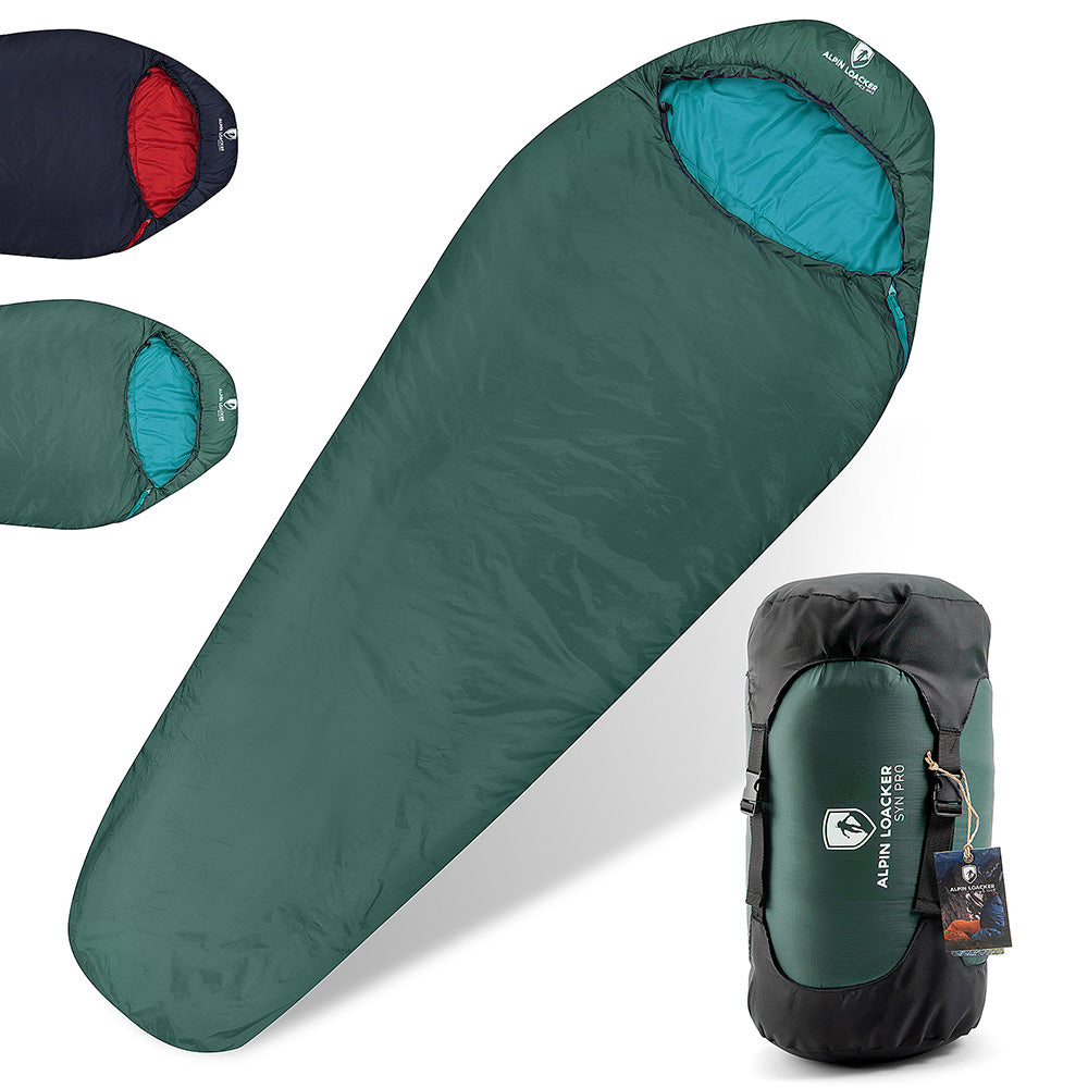 SYN PRO - Synthetik Sommer Schlafsack ultraleicht in dunkelgrün mit blauem Futter, inklusive Kompressionssack, ideal für Outdoor-Abenteuer und nachhaltiges Camping.