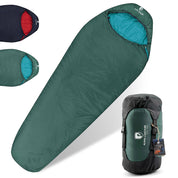 SYN PRO - Synthetik Sommer Schlafsack ultraleicht in dunkelgrün mit blauem Futter, inklusive Kompressionssack, ideal für Outdoor-Abenteuer und nachhaltiges Camping.