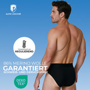 Rückansicht des Modells im Alpin Loacker Merino Slip Herren 150 g/m2 aus 86% Merinowolle, temperaturregulierend, geruchsneutral, Oeko-Tex zertifiziert.