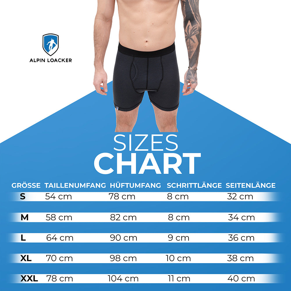 Größentabelle der Alpin Loacker Merino Boxershorts Herren 150 g/m² mit Modell und Maßen für S bis XXL: Taillen-, Hüft-, Schritt- und Seitenlängen.