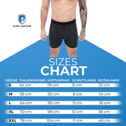 Größentabelle der Alpin Loacker Merino Boxershorts Herren 150 g/m² mit Modell und Maßen für S bis XXL: Taillen-, Hüft-, Schritt- und Seitenlängen.