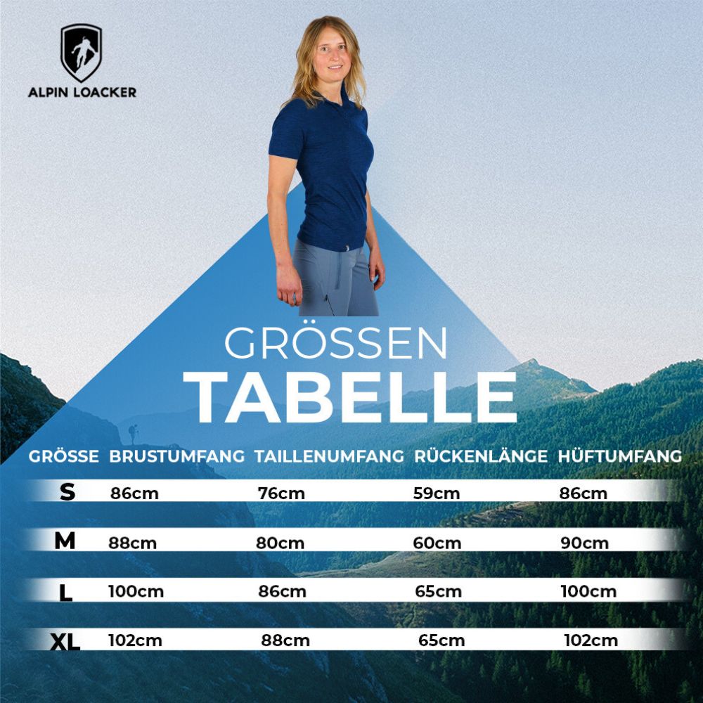 Größentabelle für das Merino Poloshirt Damen von Alpin Loacker zeigt Größen S-XL mit Brustumfang, Taillenumfang, Rückenlänge und Hüftumfang in Zentimetern.