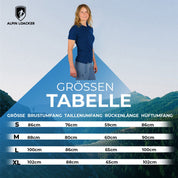 Größentabelle für das Merino Poloshirt Damen von Alpin Loacker zeigt Größen S-XL mit Brustumfang, Taillenumfang, Rückenlänge und Hüftumfang in Zentimetern.