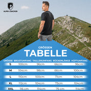 Größentabelle für Alpin Loacker 100% Merino T-Shirt Herren: Größen S-XXL, Maße Brust, Taille, Rücken, Hüfte für optimalen Outdoor-Komfort und Funktionalität.