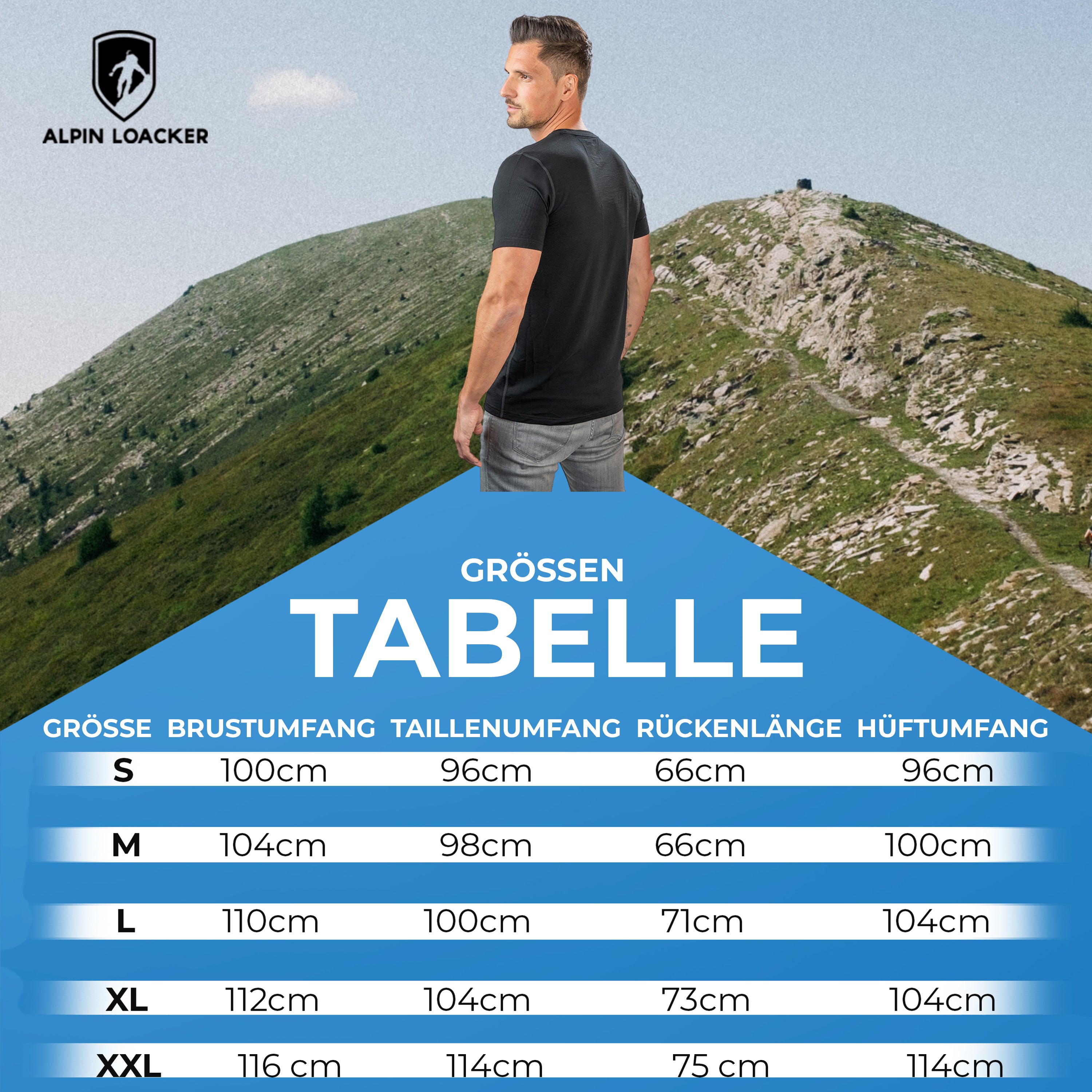 Größentabelle für Alpin Loacker 100% Merino T-Shirt Herren: Größen S-XXL, Maße Brust, Taille, Rücken, Hüfte für optimalen Outdoor-Komfort und Funktionalität.