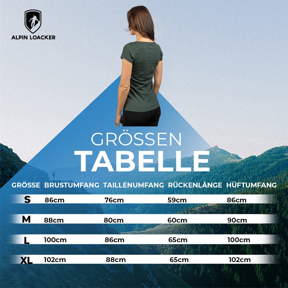 Größentabelle für Alpin Loacker 100% Merino T-Shirt Damen 180g/m² mit Rückenansicht einer Frau, inklusive Maße für Größen S bis XL in cm.