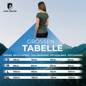 Größentabelle für Alpin Loacker 100% Merino T-Shirt Damen 180g/m² mit Rückenansicht einer Frau, inklusive Maße für Größen S bis XL in cm.