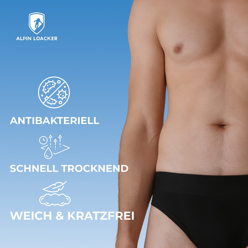 Alpin Loacker Merino Slip Herren 150 g/m²: Schwarze Herrenunterhose aus Merinowolle, antibakteriell, schnelltrocknend, weich, ideal für Sport und Outdoor-Aktivitäten.