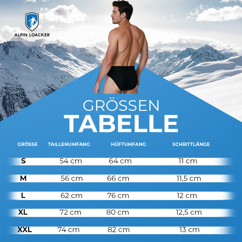 Größen-Tabelle für Alpin Loacker Merino Slip Herren 150 g/m² mit fünf Größenangaben und Modell in schwarzem Slip vor schneebedecktem Berg.