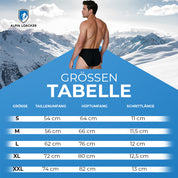Größen-Tabelle für Alpin Loacker Merino Slip Herren 150 g/m² mit fünf Größenangaben und Modell in schwarzem Slip vor schneebedecktem Berg.