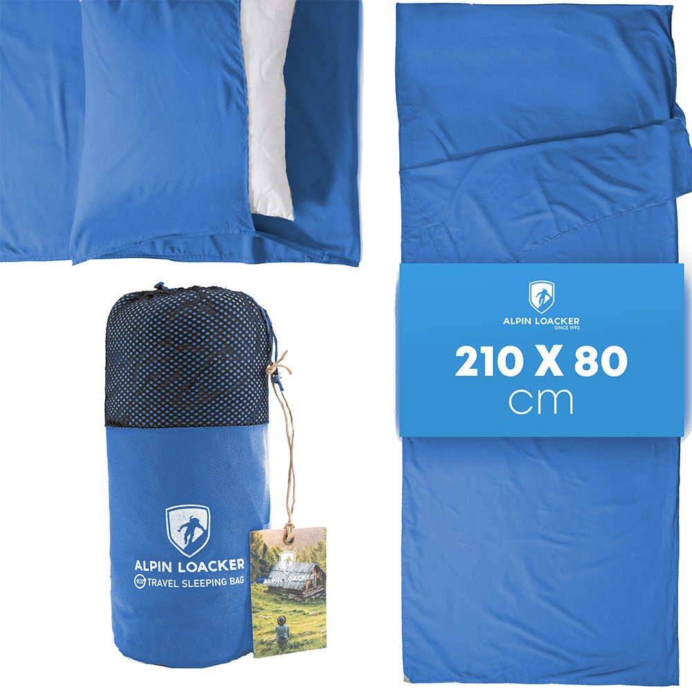 Reiseschlafsack und Hüttenschlafsack ultraleicht, mit Packsack und Kissentasche, aus recyceltem Polyester, kompakt und ideal für Reisen und Camping.