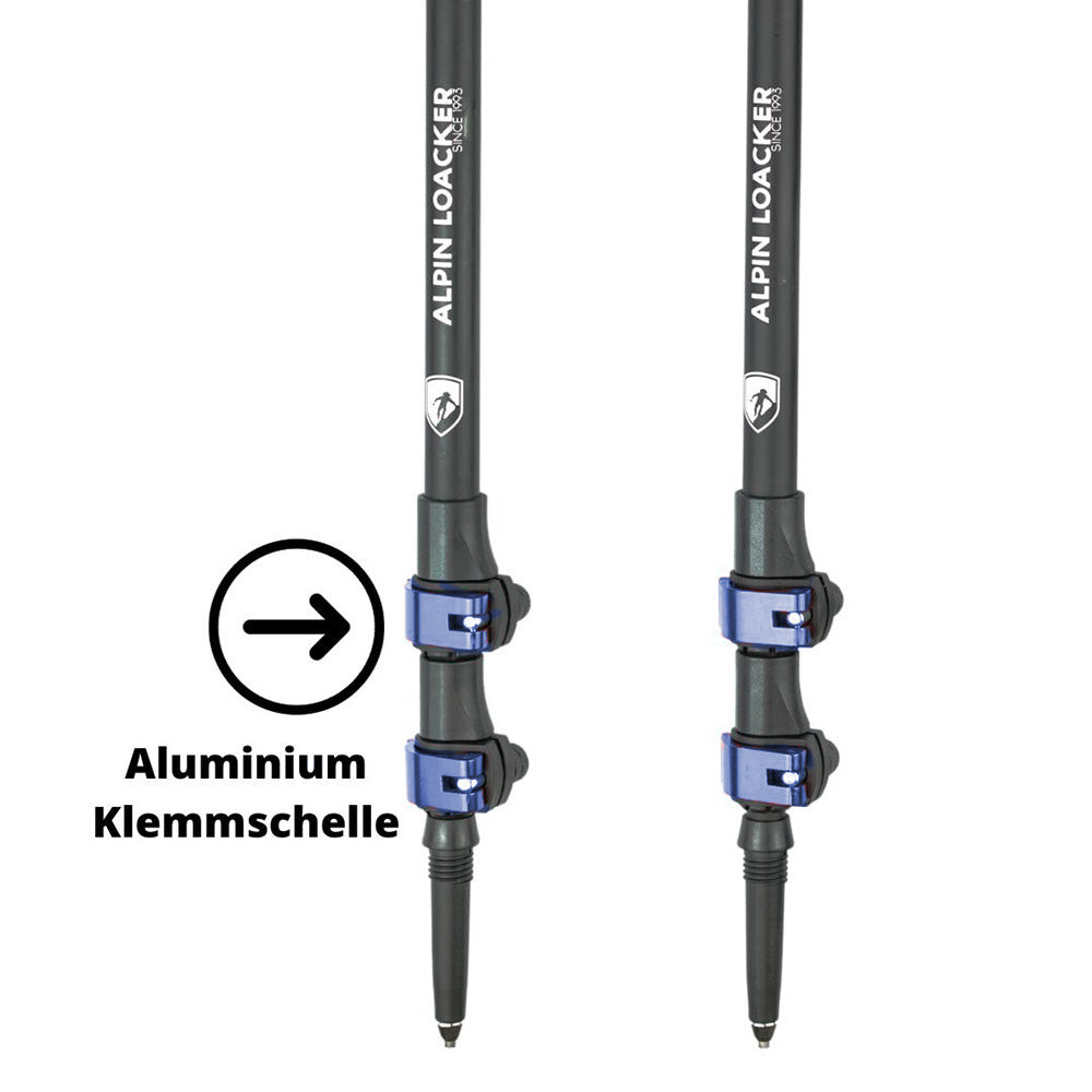Skistöcke mit mattschwarzem Schaft und blauem Aluminium-Klemmschelle zur Längenfixierung. Perfekt für Wanderstock-Reparaturen und -Anpassungen.