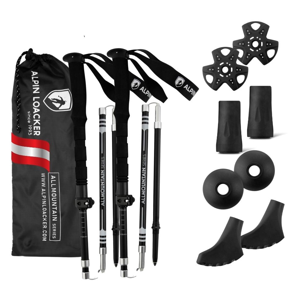 Faltbare Wanderstöcke aus Aluminium mit ergonomischen Korkgriffen, verstellbar, inklusive Schneeteller, Trekkingteller, Gummispitzen und Transporttasche für vielseitige Outdoor-Aktivitäten.