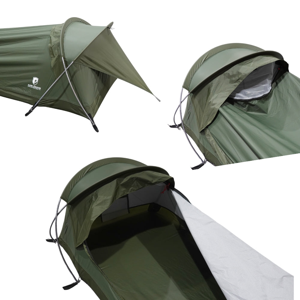 Ultraleichtes Bivy Zelt 965g, olivegrün, zeigt Seitenansicht mit Regenüberzug, Netzöffnung, und Innenraum. Ideal für minimalistisches Camping, wetterbeständig und atmungsaktiv.