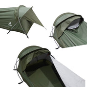 Ultraleichtes Bivy Zelt 965g, olivegrün, zeigt Seitenansicht mit Regenüberzug, Netzöffnung, und Innenraum. Ideal für minimalistisches Camping, wetterbeständig und atmungsaktiv.