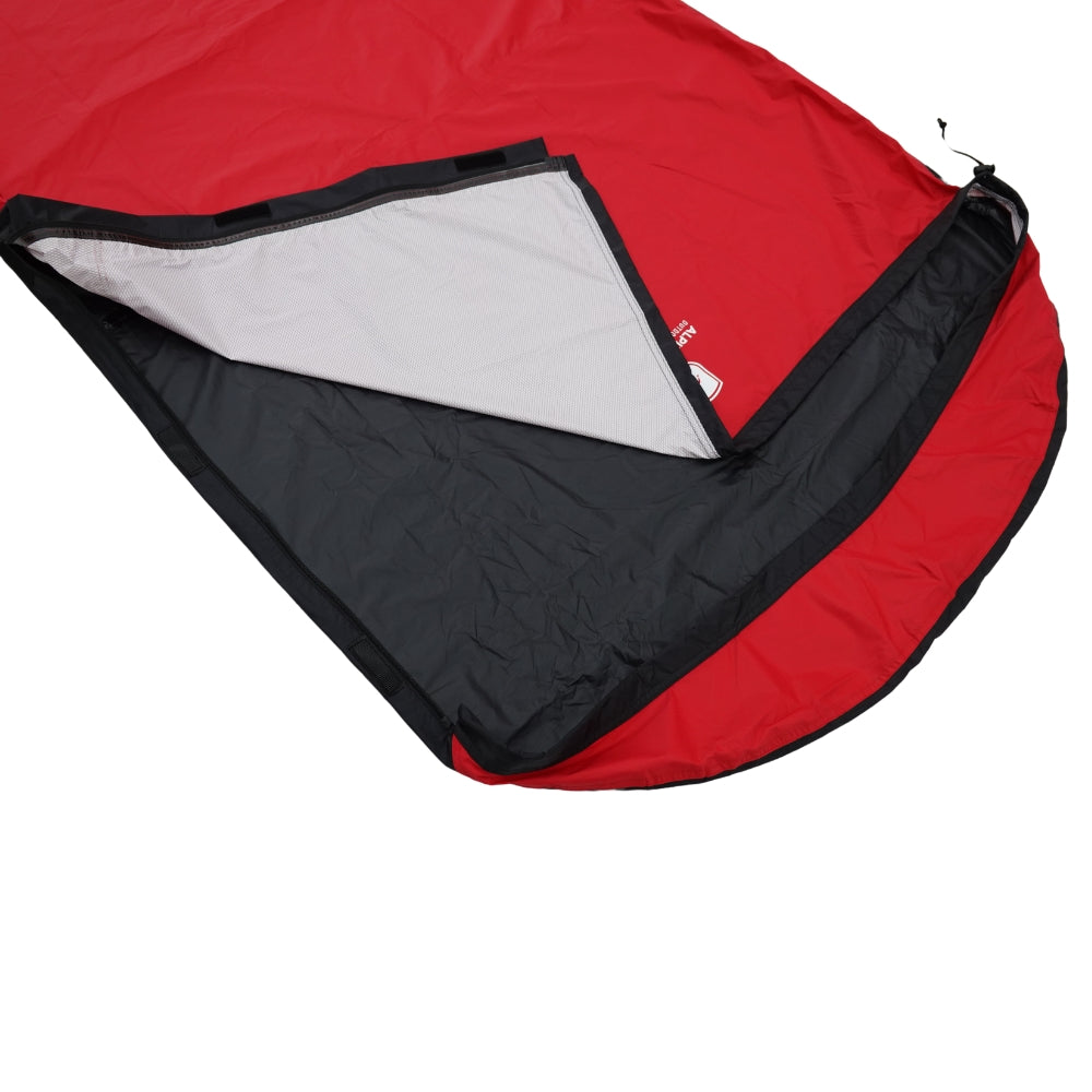 Biwaksack mit Membrane - NEU: Roter wasserdichter Biwaksack mit schwarzem Boden, Mesh-Ventilationspanel, Reißverschluss und Kordelzug, ideal für Outdoor-Abenteuer und spontanes Übernachten.