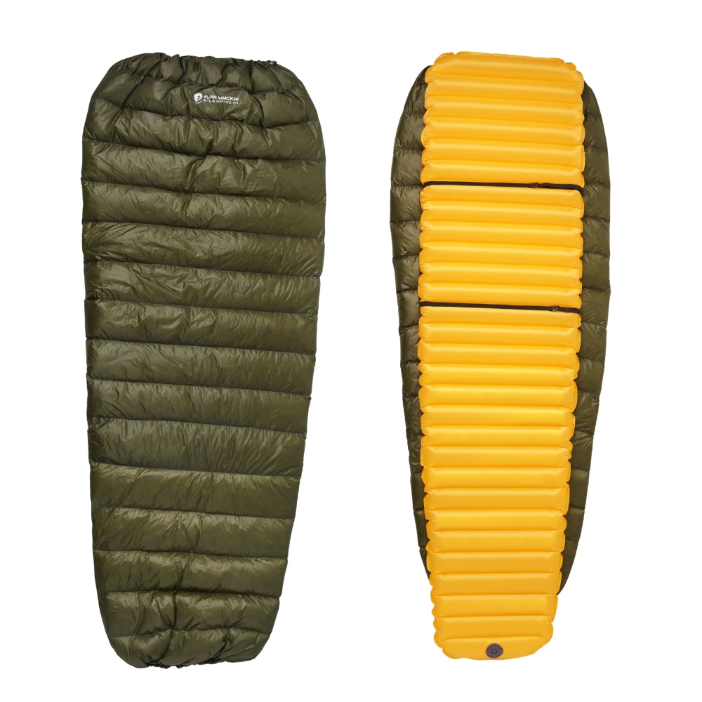 UL Down Quilt 450g: Mumienschlafsack mit olivgrünem Außenmaterial und gelber, aufblasbarer Isomatte. Perfekt für ultraleichtes, isoliertes Backpacking und kaltes Wetter.
