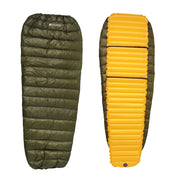 UL Down Quilt 450g: Mumienschlafsack mit olivgrünem Außenmaterial und gelber, aufblasbarer Isomatte. Perfekt für ultraleichtes, isoliertes Backpacking und kaltes Wetter.
