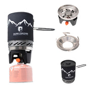 Camping Gaskocher Set mit kleinem Gasbrenner, faltbarem Topfträger, leichtem Kochtopf mit Neoprenüberzug und Deckel; ideal für Outdoor-Abenteuer und effizientes Kochen unterwegs.