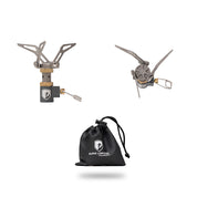 Ultraleichter Gaskocher aus Titan 45g von Alpin Loacker in drei Ansichten: seitlich, gefaltet und im Aufbewahrungsbeutel, ideal für Outdoor-Abenteuer und Trekking.