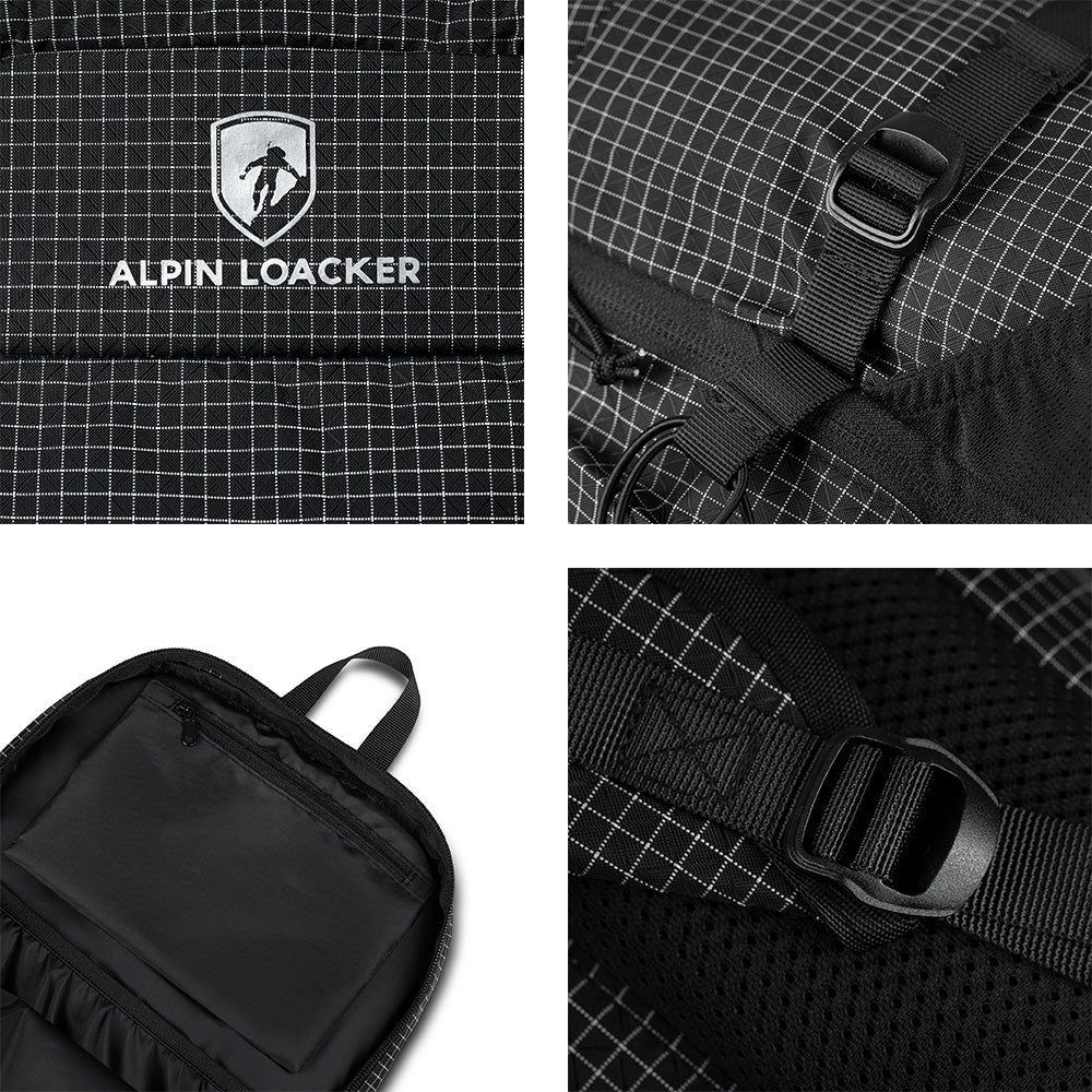 Detailaufnahmen des leichten 30 L Alpin Loacker Rucksacks für Wandern und Reisen, zeigen Logo, Gurtverschlüsse und Innenfächer mit Reißverschlusstasche und elastischen Organisatoren.